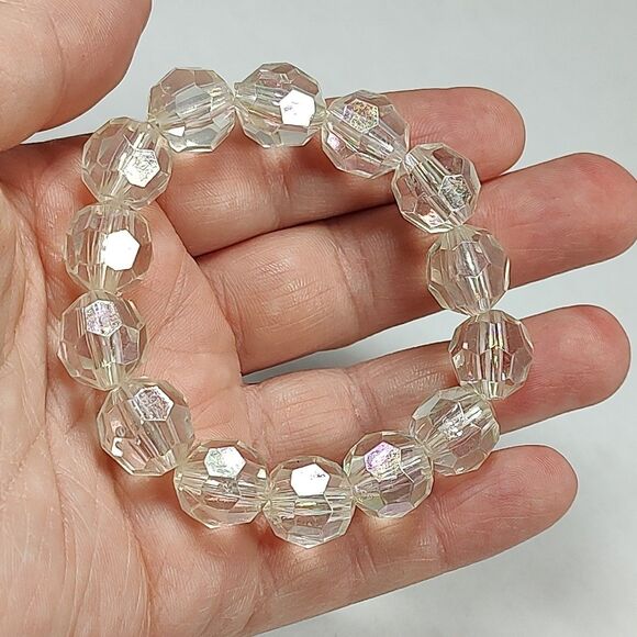 Opaque Clear Iridescent Plastic Beaded Stretch Fashion Bracelet 5.75" Bridal - Picture 9 of 13